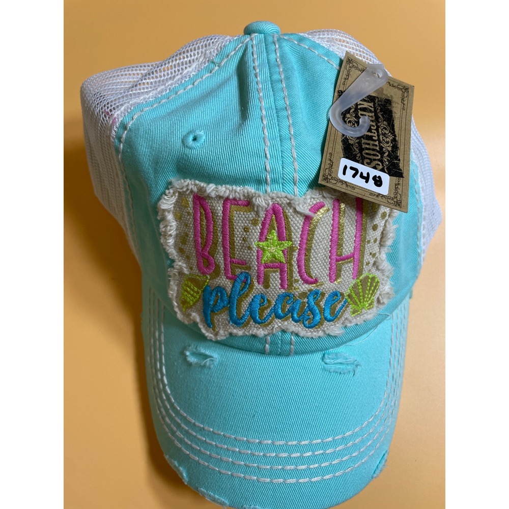 KBETHOS Trucker Hat Women OSFM‎ Turquoise NWT Beach Please Distressed Mesh Cap
